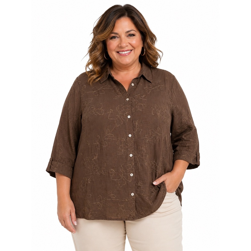 Alfred Dunner Brown‎ Floral Embroidered Button Down Shirt 24W  3/4 Sleeve